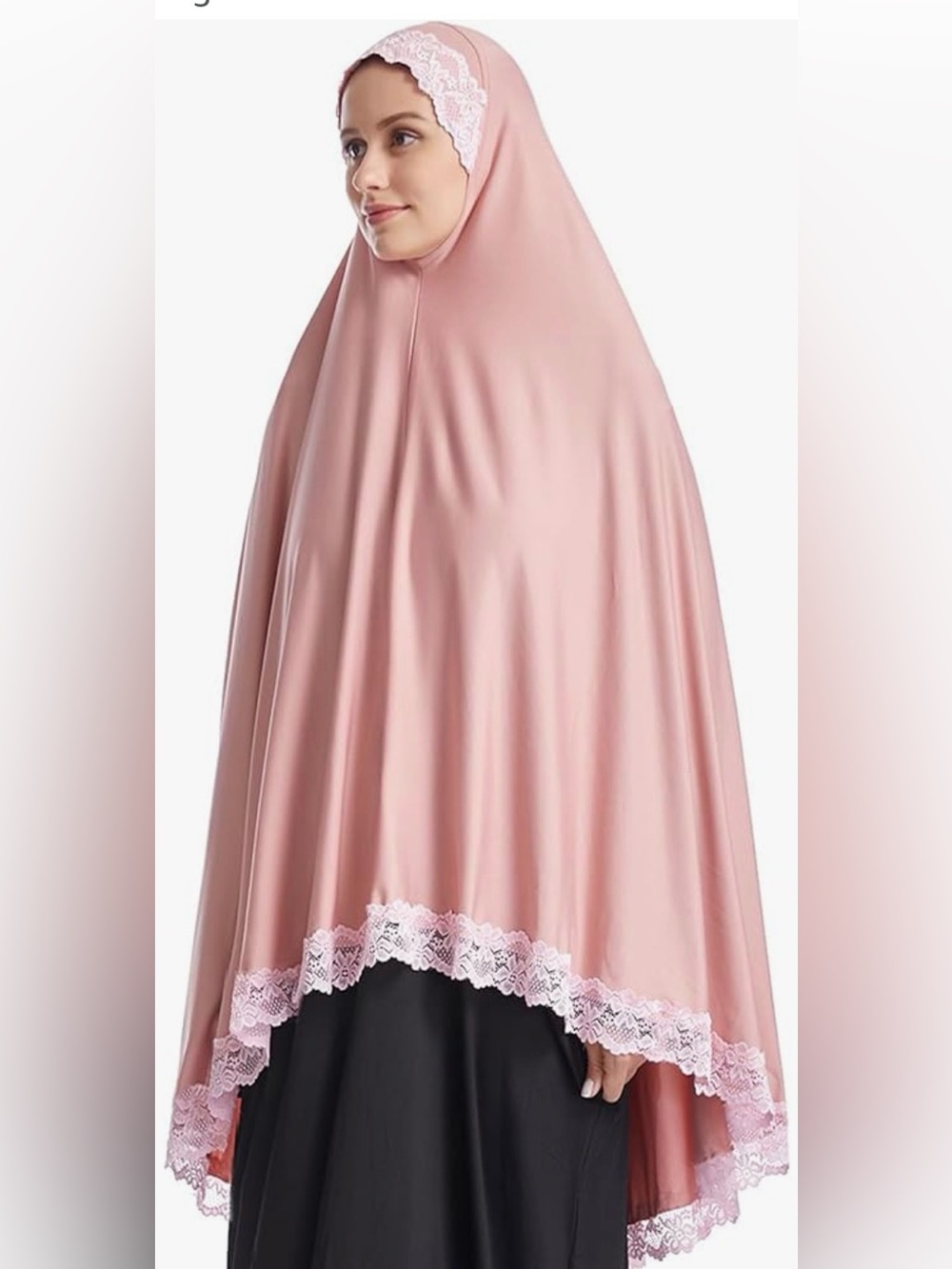 Modest High Stretch Pink Lace-Trim Prayer Hijab, Size L